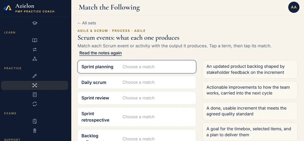 Match the following screen in PMP Coach