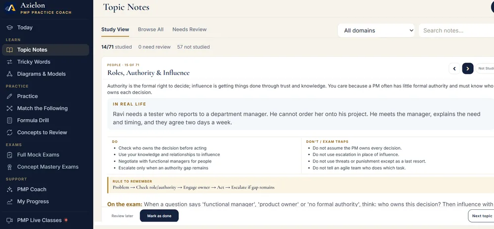 Topic notes screen in PMP Coach