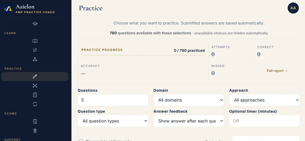 Practice questions screen in PMP Coach